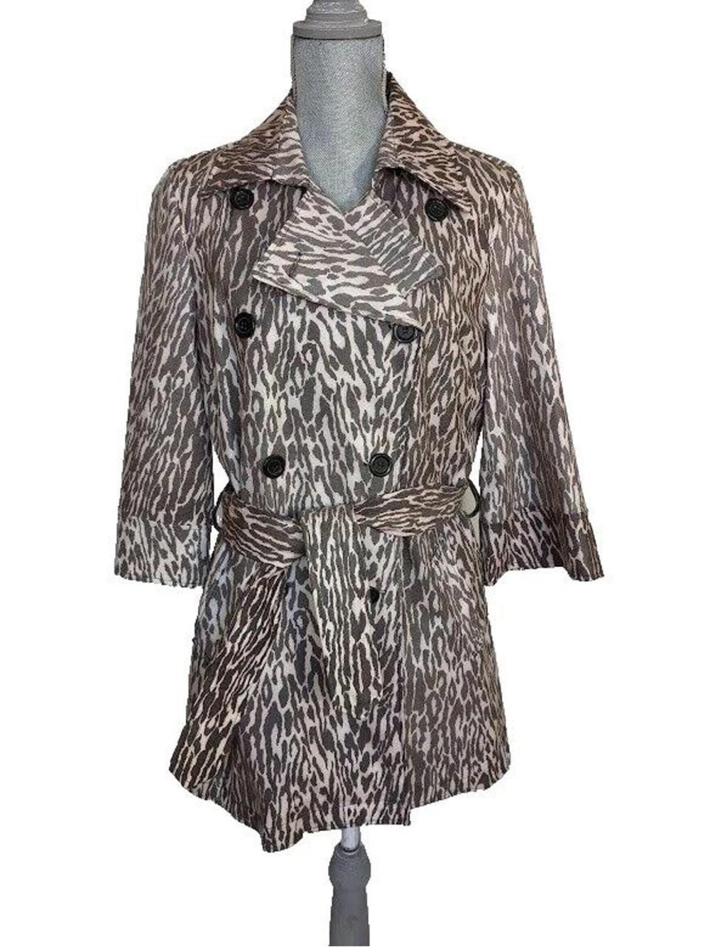 Kenar 100% Leather Cream Animal-Print Double-Breasted Trench Coat